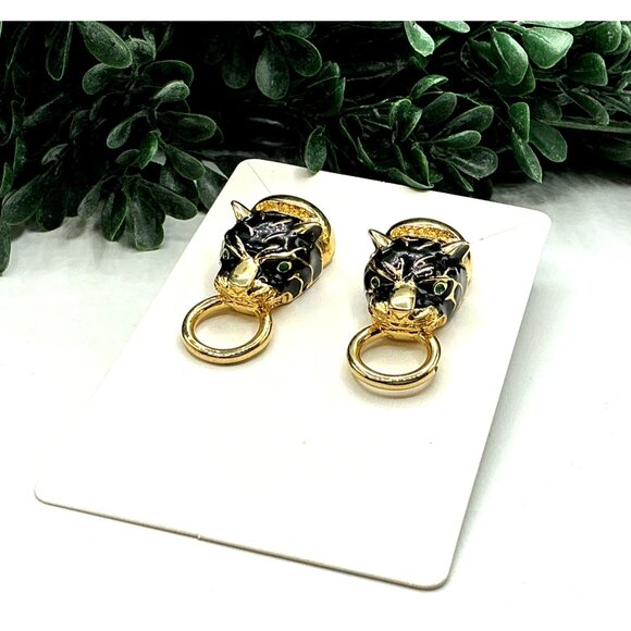 Vintage Gold Tone and Black Enamel Panther Head Earrings - Picture 10 of 10
